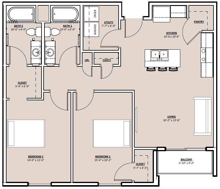 Floor plan for 2 beds, 2 baths, 1054 sqft